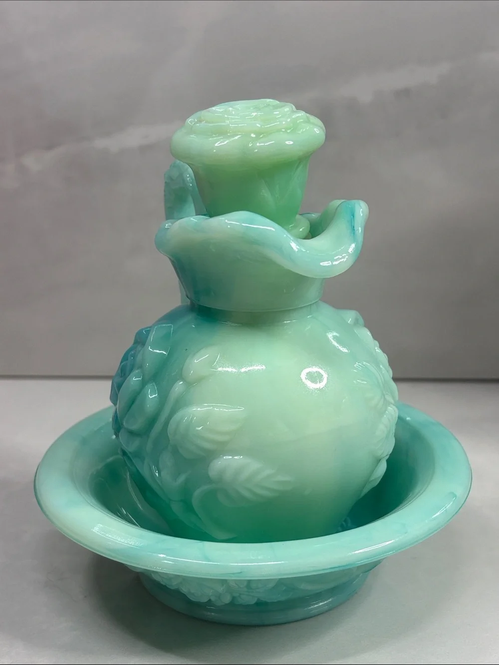 Vintage 1971 Avon Victoriana Skin So Soft Jadeite Slag Glass Pitcher & Bowl Set